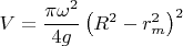 $$V = \frac{{\pi \omega ^2 }}{{4g}}\left( {R^2  - r_m^2 } \right)^2 $$