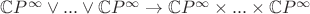 $\mathbb{C}P^\infty \vee ... \vee \mathbb{C}P^\infty \to \mathbb{C}P^\infty \times ... \times \mathbb{C}P^\infty$ $\mathbb{C}P^\infty \vee ... \vee \mathbb{C}P^\infty \to \mathbb{C}P^\infty \times ... \times \mathbb{C}P^\infty$