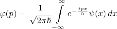 $$\varphi(p)=\frac{1}{\sqrt{2\pi\hbar}}\int \limits_{-\infty}^{\infty} e^{-\frac{ipx}{\hbar}}\psi(x)\,dx$$