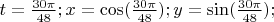 $t=\frac{30\pi}{48}; x=\cos(\frac{30\pi}{48}); y=\sin(\frac{30\pi}{48});$