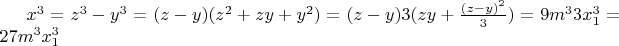 $x^3=z^3 - y^3 = (z-y)(z^2+zy+y^2) = (z-y)3(zy+\frac{(z-y)^2}{3}) = 9m^3 3x_1^3 = 27m^3x_1^3$