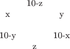 $$\begin{tabular}{ccc}
&10-z&\\
x&&y\\
&&\\
10-y&&10-x\\
&z&\end{tabular}$$