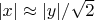 $|x| \approx |y|/\sqrt{2}$