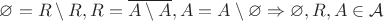 $\varnothing = R\setminus R , R = \overline{A\setminus A}, A = A\setminus\varnothing \Rightarrow \varnothing, R, A \in\mathcal{A}$