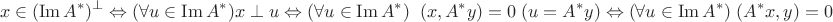 $$x\in (\operatorname{Im}A^*)^{\perp} \Leftrightarrow (\forall u\in \operatorname{Im}A^*)x\perp u \Leftrightarrow (\forall u\in \operatorname{Im}A^*) \;\;(x,A^*y)=0\; (u=A^*y)\Leftrightarrow (\forall u\in \operatorname{Im}A^*) \;(A^*x,y)=0$$