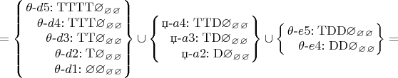 $$
=\left\lbrace\begin{matrix}
\theta\text{-}d5\mathrm{:TTTT\varnothing_\varnothing_\varnothing}\\
~~~\theta\text{-}d4\mathrm{:TTT\varnothing_\varnothing_\varnothing}\\
~~~~~     \theta\text{-}d3\mathrm{:TT\varnothing_\varnothing_\varnothing}\\
~~~~~~~\theta\text{-}d2\mathrm{:T\varnothing_\varnothing_\varnothing}\\
~~~~~~~\theta\text{-}d1\mathrm{:\varnothing\varnothing_\varnothing_\varnothing}
\end{matrix}\right\rbrace\cup\left\lbrace\begin{matrix}
\text{џ-}a4\mathrm{:TTD\varnothing_\varnothing_\varnothing}\\
~~              \text{џ-}a3\mathrm{:TD\varnothing_\varnothing_\varnothing}\\
~~~~~       \text{џ-}a2\mathrm{:D\varnothing_\varnothing_\varnothing}\\
\end{matrix}\right\rbrace\cup\left\lbrace\begin{matrix}
\theta\text{-}e5\mathrm{:TDD\varnothing_\varnothing_\varnothing}\\
~~~\theta\text{-}e4\mathrm{:DD\varnothing_\varnothing_\varnothing}\\
\end{matrix}\right\rbrace=
$$