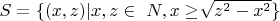 $ S=\{(x, z) | x, z \in\ N,  x\ge \sqrt[]{z^2-x^2} \}$