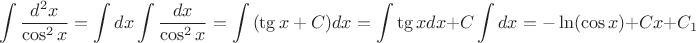 $$\int{\frac{d^2 x}{\cos^2 x}}=\int{dx\int{\frac{dx}{\cos^2 x}}}=\int{(\tg x+C)dx}=\int{\tg x dx}+C\int{dx}=-\ln (\cos x)+Cx+C_1$$