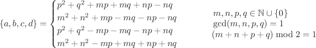 $$\{a,b,c,d\}=\begin{cases}
p^2+q^2+mp+mq+np-nq\\
m^2+n^2+mp-mq-np-nq\\
p^2+q^2-mp-mq-np+nq\\
m^2+n^2-mp+mq+np+nq
\end{cases}\qquad
\begin{tabular}{l}
\operatorname{}m,n,p,q\in\mathbb{N}\cup\{0\}\\
\,\gcd(m,n,p,q)=1\\
\operatorname{}(m+n+p+q)\bmod2=1
\end{tabular}$$