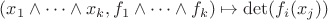 $(x_1\wedge\dots\wedge x_k, f_1\wedge\dots\wedge f_k) \mapsto \det(f_i(x_j))$