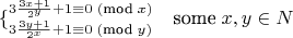$$\lbrace^{3\frac{3x+1}{2^y}+1\equiv0 \; (\text{mod} \; x)}_{{3\frac{3y+1}{2^x}+1\equiv0 \; (\text{mod} \; y)}}\quad \text{some} \; x,y \in N $$