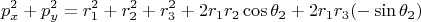 $$
p_x^2+p_y^2=r_1^2+r_2^2+r_3^2+2r_1r_2\cos\theta_2 + 2r_1r_3(-\sin\theta_2)
$$