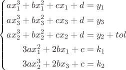 $$
\left\{
\begin{aligned}
ax_1^3+bx_1^2+cx_1+d & = y_1\\
ax_3^3+bx_3^2+cx_3+d & = y_3\\
ax_2^3+bx_2^2+cx_2+d & = y_2+tol\\
3ax_1^2+2bx_1+c & = k_1\\
3ax_2^3+2bx_3+c & =k_2
\end{aligned}
\right
$$