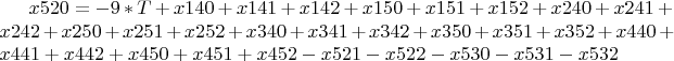 $ x520 = -9*T + x140 + x141 + x142 + x150 + x151 + x152 + x240 +
x241 + x242 + x250 + x251 + x252 + x340 + x341 + x342 + x350 + x351 +
x352 + x440 + x441 + x442 + x450 + x451 + x452 - x521 - x522 - x530 -
x531 - x532 $
