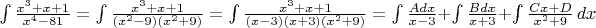 $\int \frac{x^3+x+1}{x^4-81}
= \int \frac{x^3+x+1}{(x^2-9)(x^2+9)}
= \int \frac{x^3+x+1}{(x-3)(x+3)(x^2+9)}
= \int \frac {Adx}{x-3} + \int \frac {Bdx}{x+3} + \int \frac {Cx+D}{x^2+9}\,dx
$