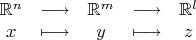 $$
\begin{array}{cccccc}
\mathbb R^n &\longrightarrow &\mathbb R^m &\longrightarrow &\mathbb R^l \\
x &\longmapsto&y & \longmapsto &z
\end{array}
$$