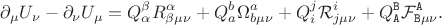$$
\partial_{\mu} U_{\nu} - \partial_{\nu} U_{\mu} =
Q^{\beta}_{\alpha} R^{\alpha}_{\beta \mu \nu}
+ Q^{b}_{a} {\Omega}^{a}_{b \mu \nu}
+ Q^{j}_{i} {\mathcal R}^{i}_{j \mu \nu}
+ Q^{\tt B}_{\tt A} {\mathcal F}^{\tt A}_{{\tt B} \mu \nu}.
$$