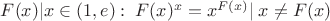 $F (x)}|x\in (1,e):\;F(x)^x=x^{F(x)}|\;x\ne F(x)$ $F (x)}|x\in (1,e):\;F(x)^x=x^{F(x)}|\;x\ne F(x)$