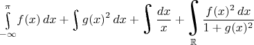 $$\!\underset{-\infty}{\overset{\pi}{\rotatebox[origin=rc]{15}{\large\ensuremath{\int}}}}f(x)\,dx+\!\!\underset{}{\overset{}{\rotatebox[origin=rc]{15}{\Large\ensuremath{\int}}}}\!g(x)^2\,dx+\!\!\!\underset{}{\overset{}{\rotatebox[origin=rc]{15}{\huge\ensuremath{\int}}}}\!\!\frac{dx}{x}+\!\!\!\!\underset{\mathbb{R}}{\overset{}{\rotatebox[origin=rc]{15}{\Huge\ensuremath{\int}}}}\!\!\!\frac{f(x)^2\,dx}{1+g(x)^2}$$
