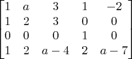 $$\begin{bmatrix}
1&a&3&1&-2\\
1&2&3&0&0\\
0&0&0&1&0\\
1&2&a-4&2&a-7\\
\end{bmatrix}$$
