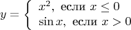 $$
y=\left\{ \begin{array}{l}
x^2, \text{  если  } x\leq 0\\
\sin x, \text{  если  } x>0
\end{array} \right.
$$