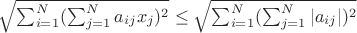 $\sqrt{\sum_{i=1}^{N} ({\sum_{j=1}^{N}a_{ij}x_j})^{2}}\leq \sqrt{\sum_{i=1}^{N}({\sum_{j=1}^{N} |a_{ij}|  )^{2}}}$