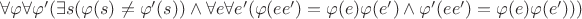 $\forall \varphi\forall\varphi'(\exists s(\varphi(s)\neq\varphi'(s))\wedge\forall e\forall e'(\varphi(ee')=\varphi(e)\varphi(e')\wedge\varphi'(ee')=\varphi(e)\varphi(e')))$