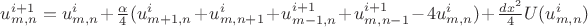 $% MathType!MTEF!2!1!+-
% feaafiart1ev1aaatCvAUfeBSjuyZL2yd9gzLbvyNv2CaerbuLwBLn
% hiov2DGi1BTfMBaeXatLxBI9gBaerbd9wDYLwzYbItLDharqqtubsr
% 4rNCHbGeaGqiVu0Je9sqqrpepC0xbbL8F4rqqrFfpeea0xe9Lq-Jc9
% vqaqpepm0xbba9pwe9Q8fs0-yqaqpepae9pg0FirpepeKkFr0xfr-x
% fr-xb9adbaqaaeGaciGaaiaabeqaamaabaabaaGcbaGaamyDamaaDa
% aaleaacaWGTbGaaiilaiaad6gaaeaacaWGPbGaey4kaSIaaGymaaaa
% kiabg2da9iaadwhadaqhaaWcbaGaamyBaiaacYcacaWGUbaabaGaam
% yAaaaakiabgUcaRmaalaaabaGaeqySdegabaGaaGinaaaacaGGOaGa
% amyDamaaDaaaleaacaWGTbGaey4kaSIaaGymaiaacYcacaWGUbaaba
% GaamyAaaaakiabgUcaRiaadwhadaqhaaWcbaGaamyBaiaacYcacaWG
% UbGaey4kaSIaaGymaaqaaiaadMgaaaGccqGHRaWkcaWG1bWaa0baaS
% qaaiaad2gacqGHsislcaaIXaGaaiilaiaad6gaaeaacaWGPbGaey4k
% aSIaaGymaaaakiabgUcaRiaadwhadaqhaaWcbaGaamyBaiaacYcaca
% WGUbGaeyOeI0IaaGymaaqaaiaadMgacqGHRaWkcaaIXaaaaOGaeyOe
% I0IaaGinaiaadwhadaqhaaWcbaGaamyBaiaacYcacaWGUbaabaGaam
% yAaaaakiaacMcacqGHRaWkdaWcaaqaaiaadsgacaWG4bWaaWbaaSqa
% beaacaaIYaaaaaGcbaGaaGinaaaacaWGvbGaaiikaiaadwhadaqhaa
% WcbaGaamyBaiaacYcacaWGUbaabaGaamyAaaaakiaacMcaaaa!77A9!
\[
u_{m,n}^{i + 1}  = u_{m,n}^i  + \frac{\alpha }{4}(u_{m + 1,n}^i  + u_{m,n + 1}^i  + u_{m - 1,n}^{i + 1}  + u_{m,n - 1}^{i + 1}  - 4u_{m,n}^i ) + \frac{{dx^2 }}{4}U(u_{m,n}^i )
\]
$