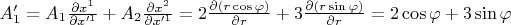 $A'_1=A_1 \frac{\partial x^1}{\partial x'^1} + A_2 \frac{\partial x^2}{\partial x'^1}=2 \frac{\partial (r \cos \varphi)}{\partial r} + 3 \frac{\partial (r \sin \varphi)}{\partial r}=2\cos\varphi+3\sin\varphi$