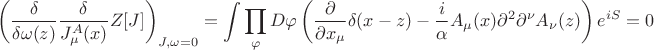 $$
\left(\frac{\delta}{\delta \omega (z)}\frac{\delta}{J_{\mu}^{A}(x)} Z[J]\right)_{J, \omega =0} = \int \prod_{\varphi}D \varphi \left(\frac{\partial }{\partial x_{\mu}}\delta (x - z) - \frac{i}{\alpha}A_{\mu}(x)\partial^{2}\partial^{\nu}A_{\nu}(z)\right) e^{iS} = 0
$$
