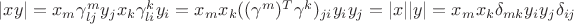 $|xy|=x_m \gamma^m_{lj}y_j x_k\gamma^k_{li}y_i=x_mx_k((\gamma^m)^T\gamma^k)_{ji}y_iy_j=|x||y|=x_m x_k\delta_{mk} y_iy_j\delta_{ij}$