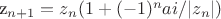 &z_{n+1} = z_n (1 + (-1)^n a i/|z_n|)$ &z_{n+1} = z_n (1 + (-1)^n a i/|z_n|)$