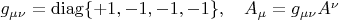 $g_{\mu\nu}=\operatorname{diag}\{+1,-1,-1,-1\},\quad A_\mu=g_{\mu\nu}A^\nu$