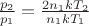 $\frac{p_{2}}{p_{1}}=\frac{2n_{1}kT_{2}}{n_{1}kT_{1}}$