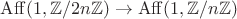 $\mathrm{Aff}(1, \mathbb Z / 2 n \mathbb Z) \to \mathrm{Aff}(1, \mathbb Z / n \mathbb Z)$