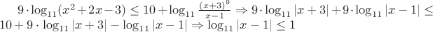 $9 \cdot \log_{11}(x^2 + 2 x -3) \le 10 + \log_{11} {\frac {(x+3)^9}{x-1}} \Rightarrow 9 \cdot \log_{11}\left|{x+3}\right| + 9 \cdot \log_{11} \left|{x-1}\right| \le 10 + 9 \cdot \log_{11} \left|{x+3}\right| - \log_{11} \left|{x-1}\right| \Rightarrow \log_{11}{\left|{x-1}\right|} \le 1$