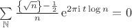 $
\begin{equation*}
     \sum\limits_{\mathbb{N}} \frac{\left\{\sqrt{n}\right\}-\frac{1}{2}}{n}\,\mathrm{e}^{2\pi\mathrm{i}\,t\log{n}} = 0
\end{equation*}
$