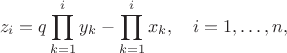 $$
z_i=q\prod\limits_{k=1}^iy_k-\prod\limits_{k=1}^ix_k,\quad i=1,\ldots,n,
$$