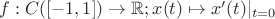 $f:C([-1,1])\to \mathbb R; x(t)\mapsto x'(t)|_{t=0}$