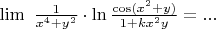 $\lim \ \frac{1}{x^4+y^2} \cdot \ln \frac{\cos (x^2+y)}{1+kx^2y} = ...$