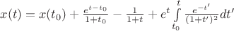 $x(t)=x(t_0)+\frac{e^{t-t_0}}{1+t_0}-\frac{1}{1+t}+e^t\int\limits_{t_0}^{t}\frac{e^{-t'}}{(1+t')^2}dt'$