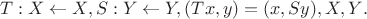 $$
T: X \leftarrow X, S:Y\leftarrow Y, (Tx,y) = (x,Sy), X, Y находятся в двойственности.
$$ $$
T: X \leftarrow X, S:Y\leftarrow Y, (Tx,y) = (x,Sy), X, Y находятся в двойственности.
$$
