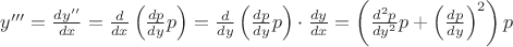 $y'''=\frac{dy''}{dx}=\frac d{dx}\left(\frac{dp}{dy}p\right)=\frac d{dy}\left(\frac{dp}{dy}p\right)\cdot\frac{dy}{dx}=\left(\frac{d^2p}{dy^2}p+\left(\frac{dp}{dy}\right)^2\right)p$