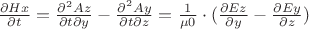 $\frac{\partial Hx}{\partial t} = \frac{\partial ^2Az}{\partial t\partial y} - \frac{\partial ^2Ay}{\partial t\partial z} = \frac{1}{\mu0} \cdot (\frac{\partial Ez}{\partial y} - \frac{\partial Ey}{\partial z})$