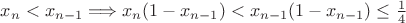 $x_n<x_{n-1}\Longrightarrow x_n(1-x_{n-1})<x_{n-1}(1-x_{n-1})\le \frac 14 $