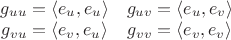 $\begin{matrix}g_{uu}=\langle e_u,e_u \rangle &g_{uv}=\langle e_u,e_v \rangle\\g_{vu}=\langle e_v,e_u \rangle &g_{vv}=\langle e_v,e_v \rangle\end{matrix}$