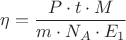 ${\eta}=\dfrac{{P}\cdot{t}\cdot{M}}{{m}\cdot{{N}_{A}}\cdot{{E}_{1}}}$