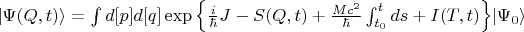 $\vert \Psi(Q,t)\rangle=\int{d[p]d[q] \exp\left\{\frac{i}{\hbar} J - S(Q,t) + \frac{Mc^{2}}{\hbar} \int_{t_0}^{t}ds + I(T,t) \right\}} \vert \Psi_0\rangle$