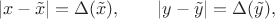 $$|x-\tilde{x}|=\Delta(\tilde{x}),\qquad |y-\tilde{y}|=\Delta(\tilde{y}),$$