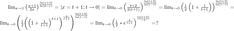 \lim_{x\to1}
       {\left(\frac{x+1}{2x}\right)}^\frac{\ln(x+2)}{\ln(2-x)}=\left|x=t+1; t\to0\right|=
\lim_{t\to0}
       {\left(\frac{t+2}{2(t+1)}\right)}^\frac{\ln(t+3)}{\ln(1-t)}=
\lim_{t\to0}
       {\left(\frac{1}{2}\left(1+\frac{1}{t+1}\right)\right)}^\frac{\ln(t+3)}{\ln(1-t)}=
\lim_{t\to0}
       {\left(\frac{1}{2}{\left({\left(1+\frac{1}{t+1}\right)}^{t+1}\right)}^{\frac{1}{t+1}}\right)}^\frac{\ln(t+3)}{\ln(1-t)}=
\lim_{t\to0}
       {\left(\frac{1}{2}*e^{\frac{1}{t+1}}\right)}^\frac{\ln(t+3)}{-t}= ?